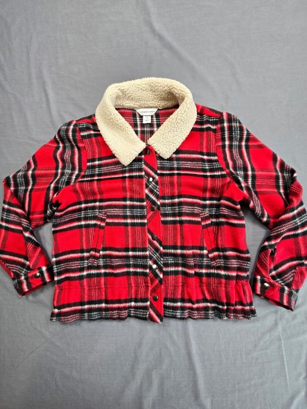 Christopher & Banks PM Petite Medium Plaid Sherpa Collar Jacket Red Black Cozy